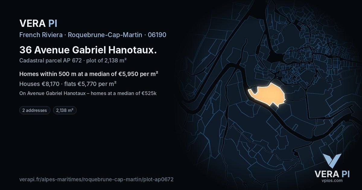 36 Avenue Gabriel Hanotaux, Roquebrune-Cap-Martin at night – the plot lit, the parcels around coloured by the prices near them