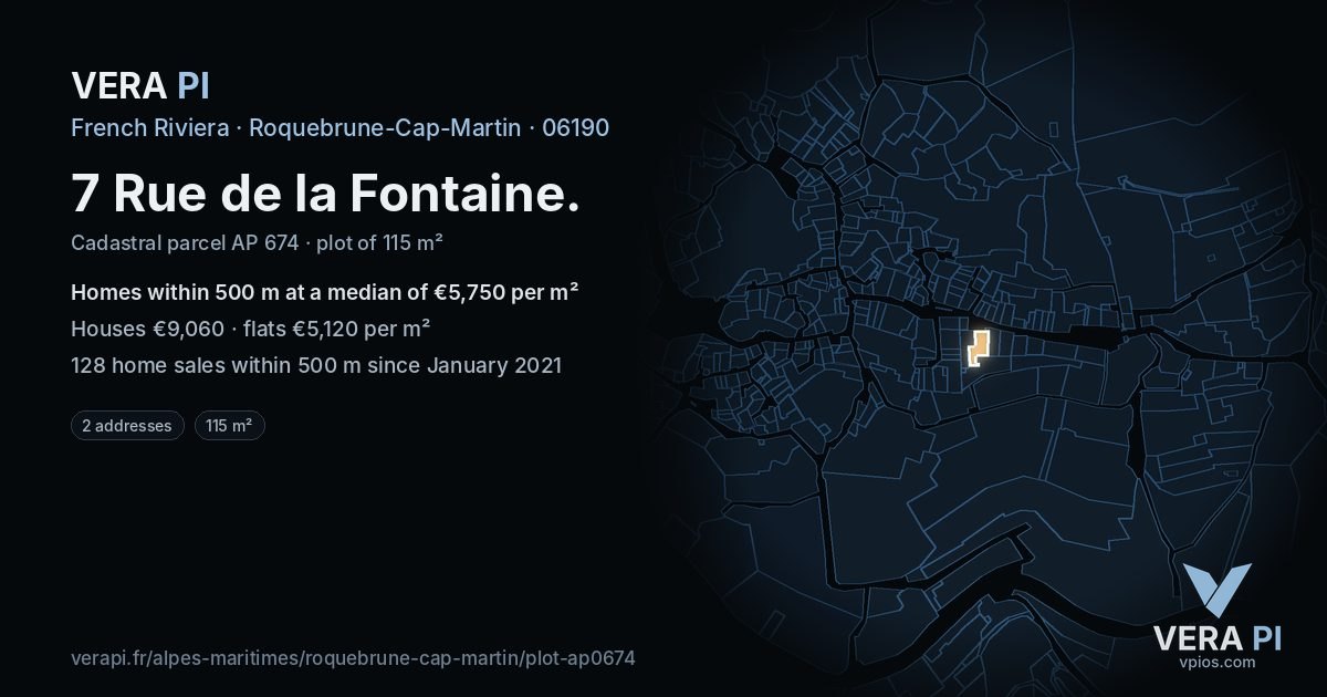 7 Rue de la Fontaine, Roquebrune-Cap-Martin at night – the plot lit, the parcels around coloured by the prices near them
