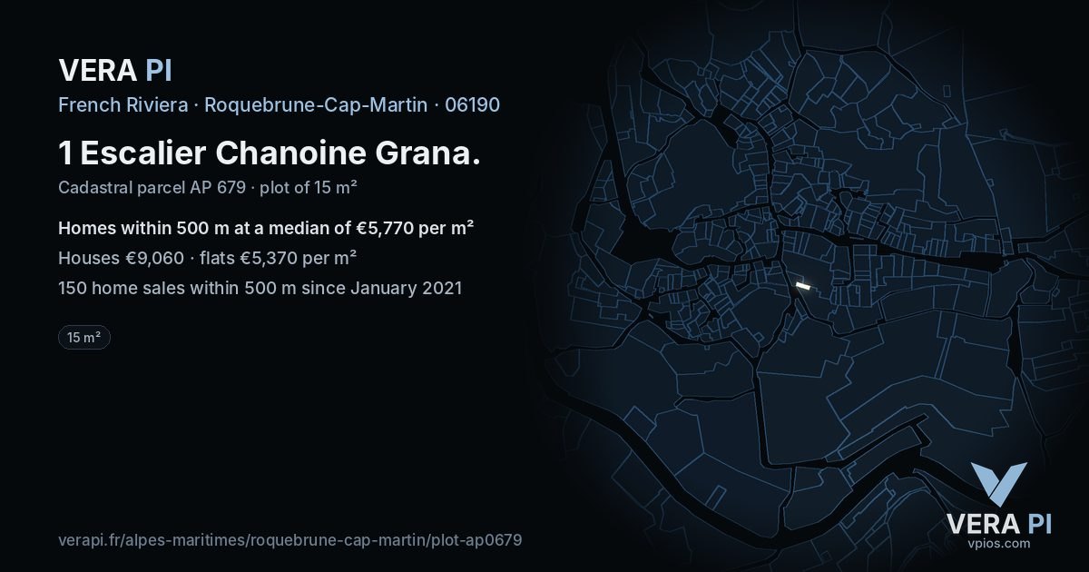 1 Escalier Chanoine Grana, Roquebrune-Cap-Martin at night – the plot lit, the parcels around coloured by the prices near them