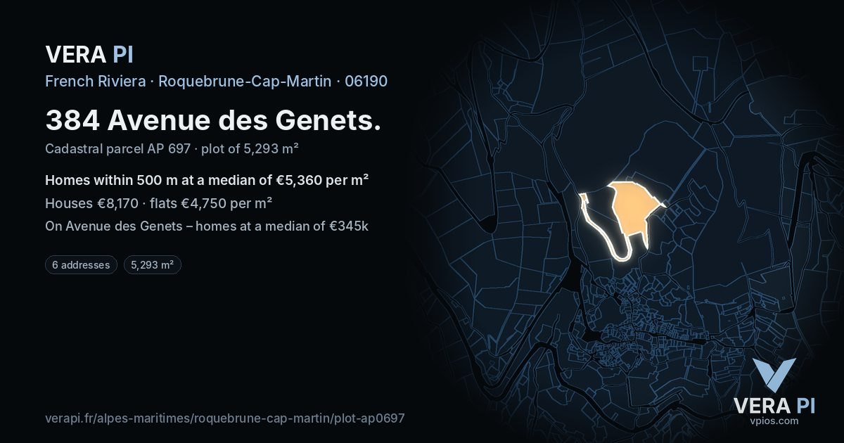 384 Avenue des Genets, Roquebrune-Cap-Martin at night – the plot lit, the parcels around coloured by the prices near them