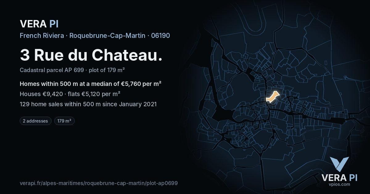 3 Rue du Chateau, Roquebrune-Cap-Martin at night – the plot lit, the parcels around coloured by the prices near them