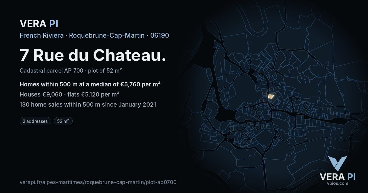 7 Rue du Chateau, Roquebrune-Cap-Martin at night – the plot lit, the parcels around coloured by the prices near them