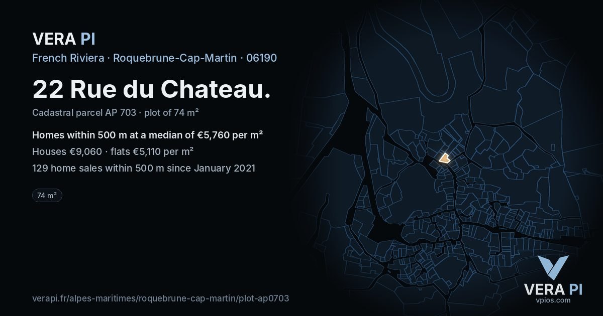 22 Rue du Chateau, Roquebrune-Cap-Martin at night – the plot lit, the parcels around coloured by the prices near them