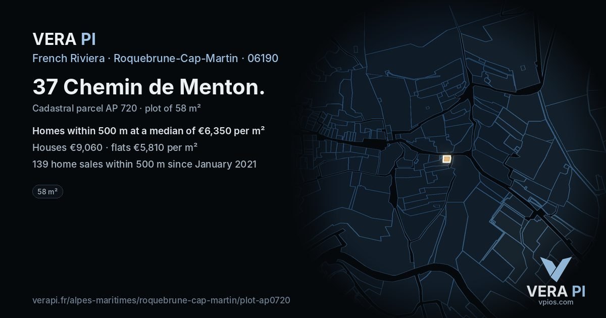 37 Chemin de Menton, Roquebrune-Cap-Martin at night – the plot lit, the parcels around coloured by the prices near them