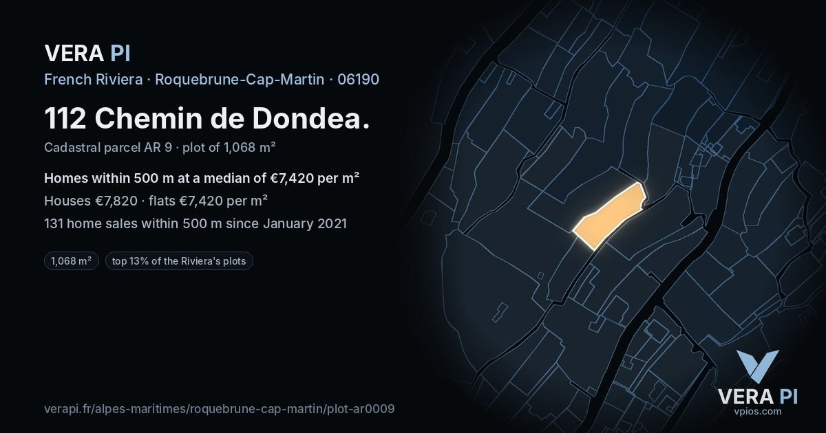 112 Chemin de Dondea, Roquebrune-Cap-Martin at night – the plot lit, the parcels around coloured by the prices near them