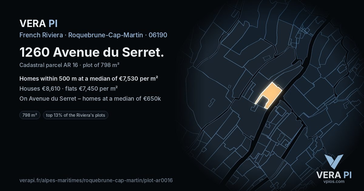 1260 Avenue du Serret, Roquebrune-Cap-Martin at night – the plot lit, the parcels around coloured by the prices near them
