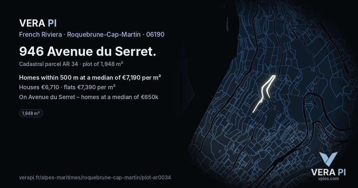 946 Avenue du Serret, Roquebrune-Cap-Martin at night – the plot lit, the parcels around coloured by the prices near them