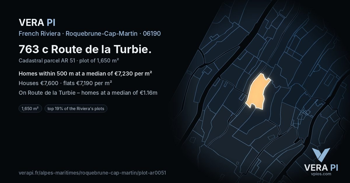 763 c Route de la Turbie, Roquebrune-Cap-Martin at night – the plot lit, the parcels around coloured by the prices near them