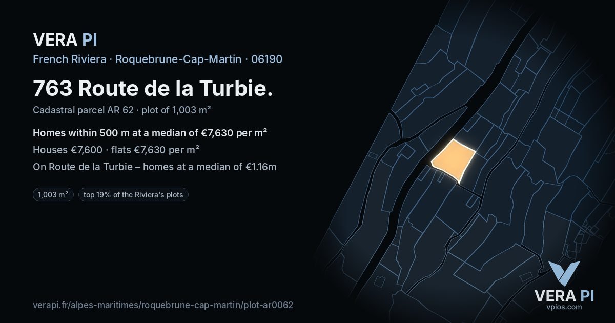 763 Route de la Turbie, Roquebrune-Cap-Martin at night – the plot lit, the parcels around coloured by the prices near them