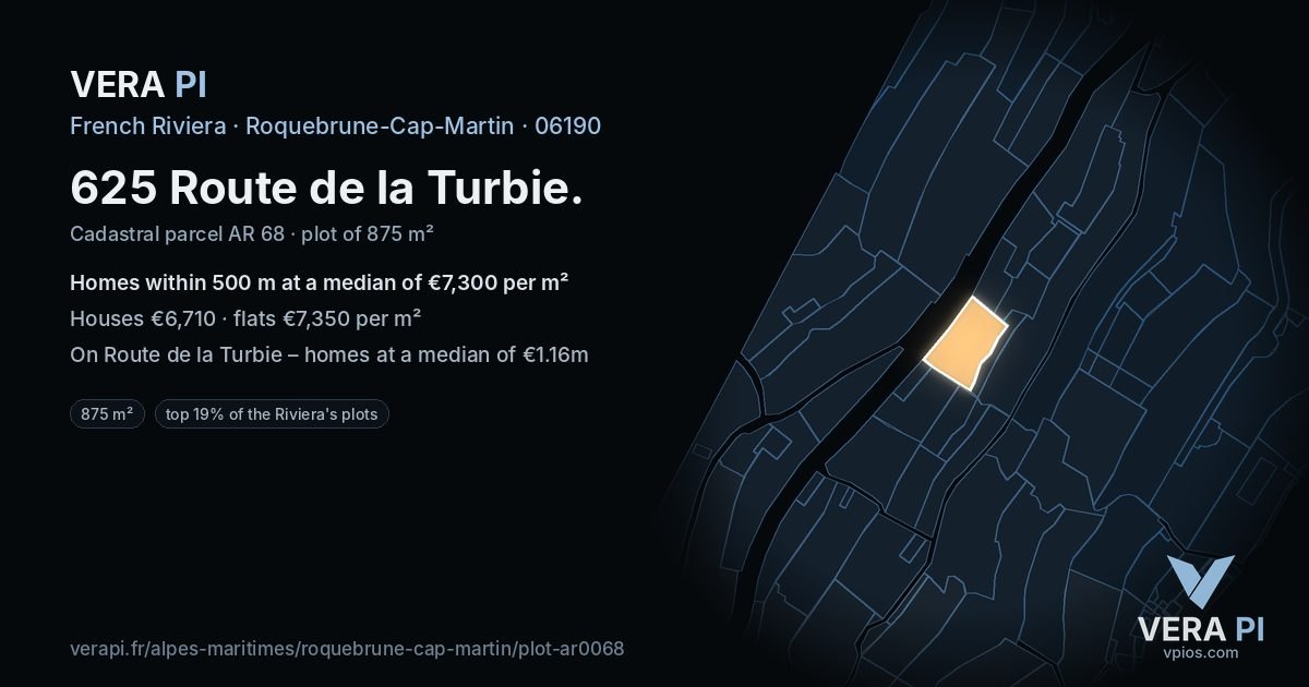 625 Route de la Turbie, Roquebrune-Cap-Martin at night – the plot lit, the parcels around coloured by the prices near them
