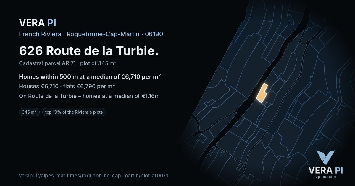 626 Route de la Turbie, Roquebrune-Cap-Martin at night – the plot lit, the parcels around coloured by the prices near them