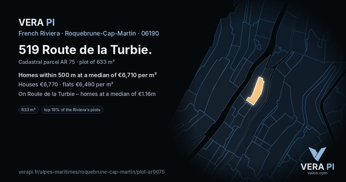 519 Route de la Turbie, Roquebrune-Cap-Martin at night – the plot lit, the parcels around coloured by the prices near them