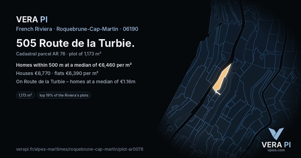 505 Route de la Turbie, Roquebrune-Cap-Martin at night – the plot lit, the parcels around coloured by the prices near them