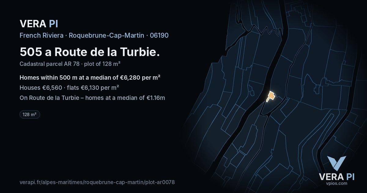 505 a Route de la Turbie, Roquebrune-Cap-Martin at night – the plot lit, the parcels around coloured by the prices near them