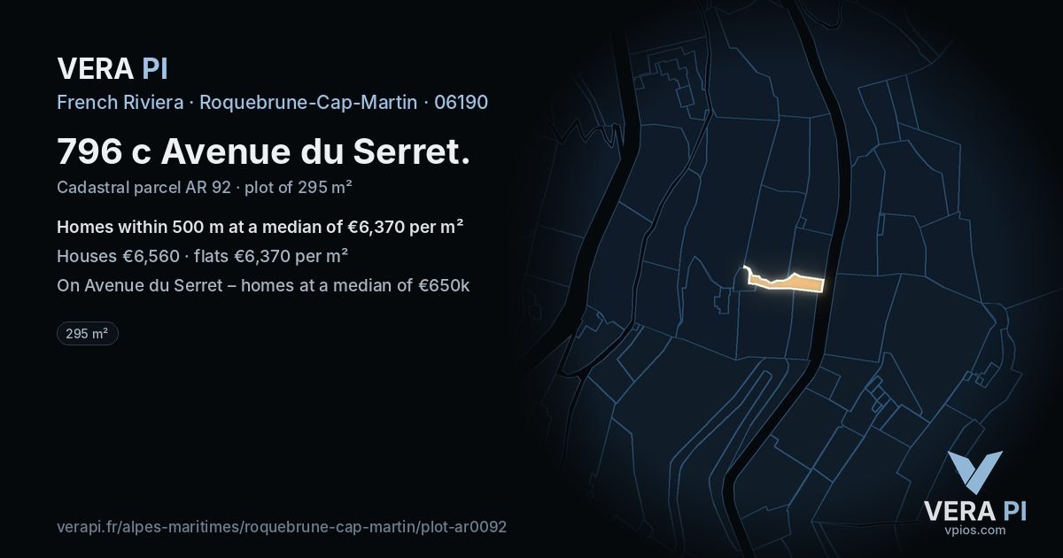 796 c Avenue du Serret, Roquebrune-Cap-Martin at night – the plot lit, the parcels around coloured by the prices near them