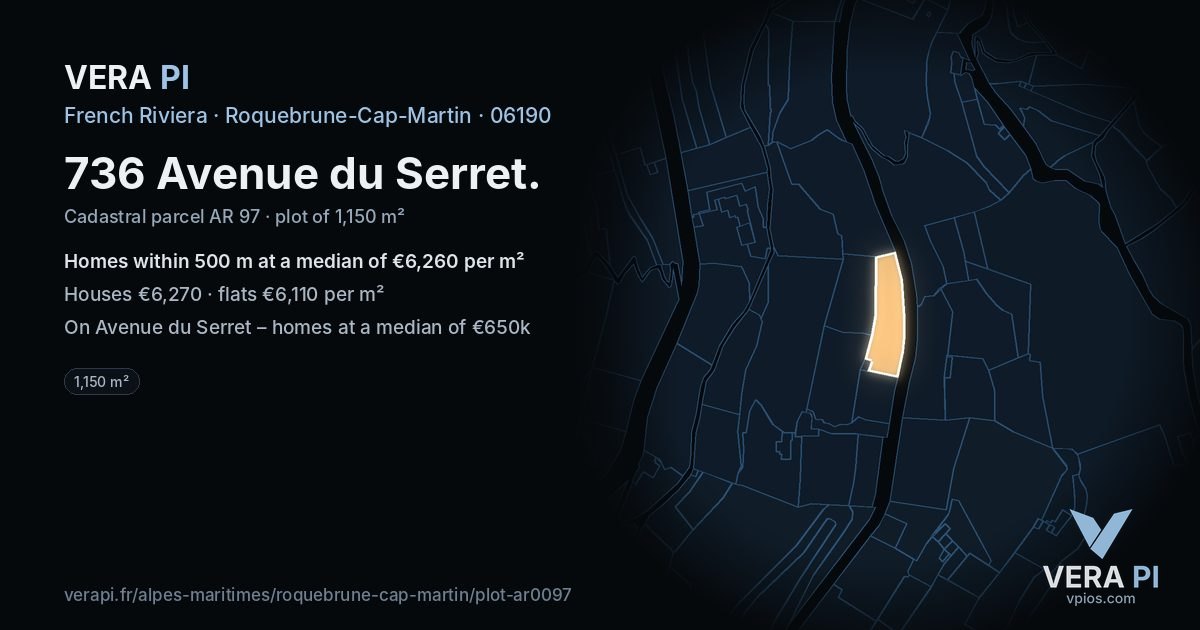 736 Avenue du Serret, Roquebrune-Cap-Martin at night – the plot lit, the parcels around coloured by the prices near them