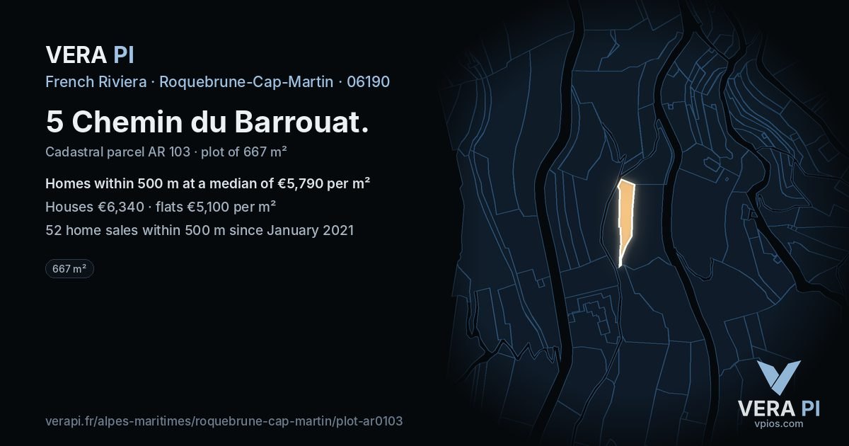 5 Chemin du Barrouat, Roquebrune-Cap-Martin at night – the plot lit, the parcels around coloured by the prices near them