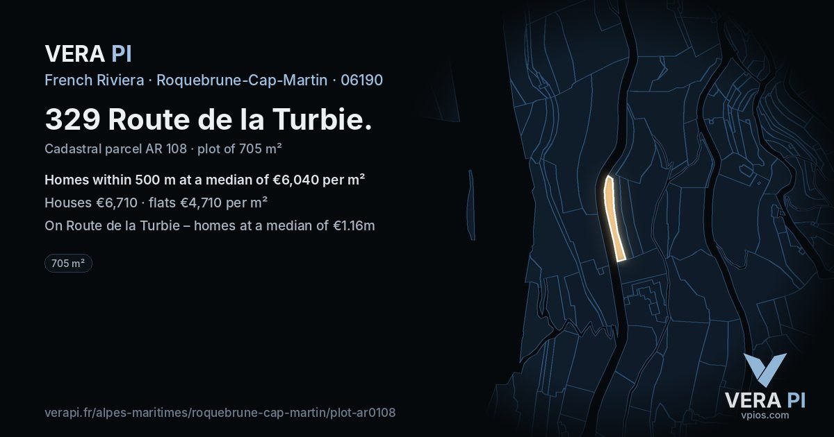 329 Route de la Turbie, Roquebrune-Cap-Martin at night – the plot lit, the parcels around coloured by the prices near them