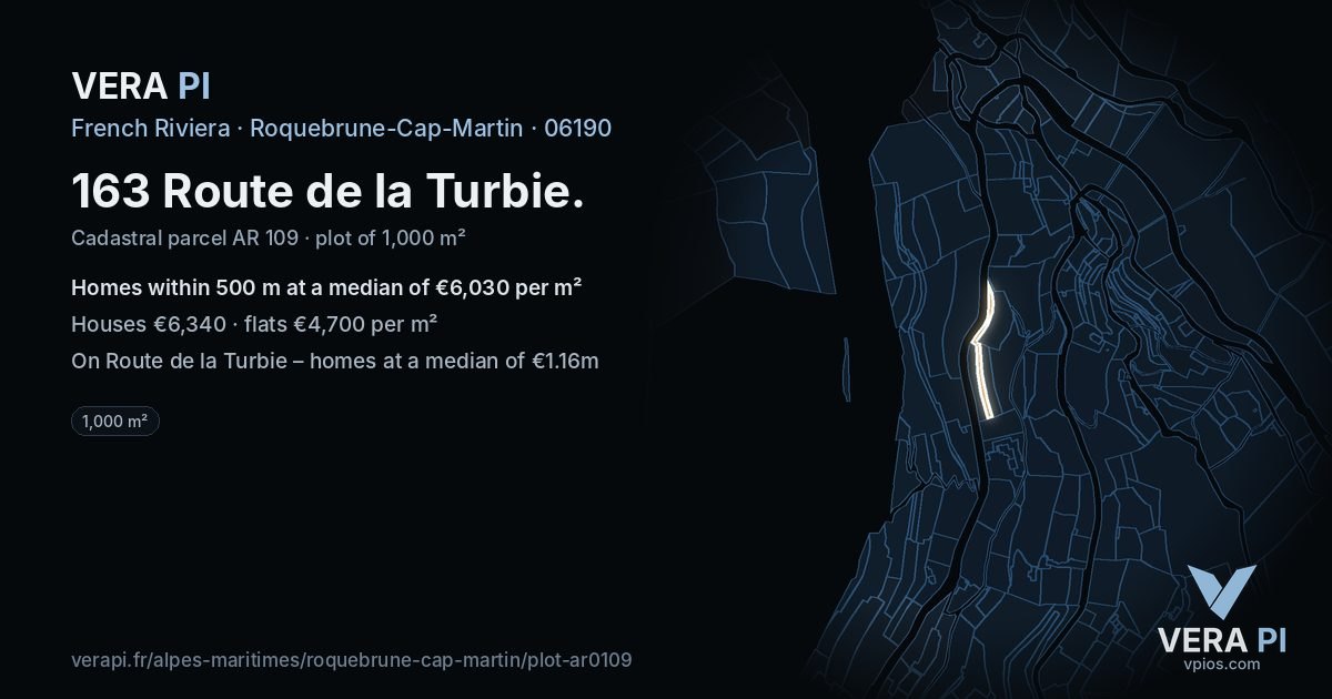 163 Route de la Turbie, Roquebrune-Cap-Martin at night – the plot lit, the parcels around coloured by the prices near them