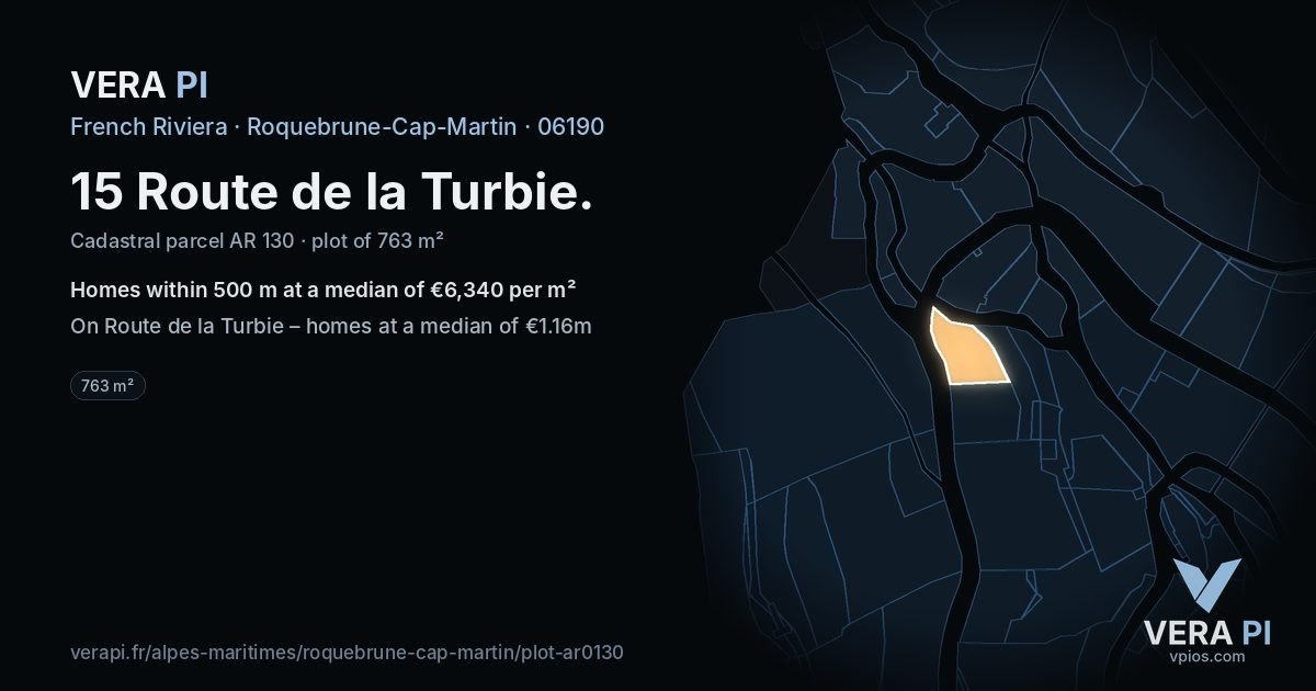15 Route de la Turbie, Roquebrune-Cap-Martin at night – the plot lit, the parcels around coloured by the prices near them