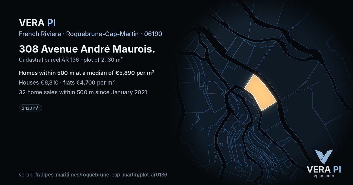 308 Avenue André Maurois, Roquebrune-Cap-Martin at night – the plot lit, the parcels around coloured by the prices near them