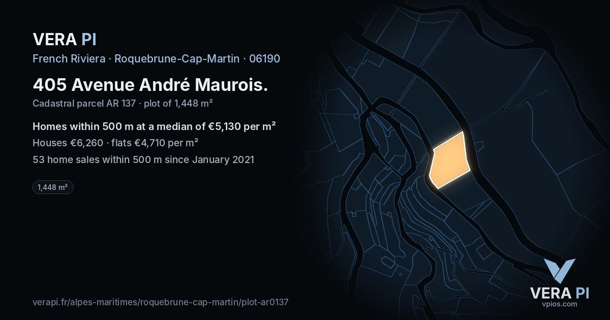405 Avenue André Maurois, Roquebrune-Cap-Martin at night – the plot lit, the parcels around coloured by the prices near them