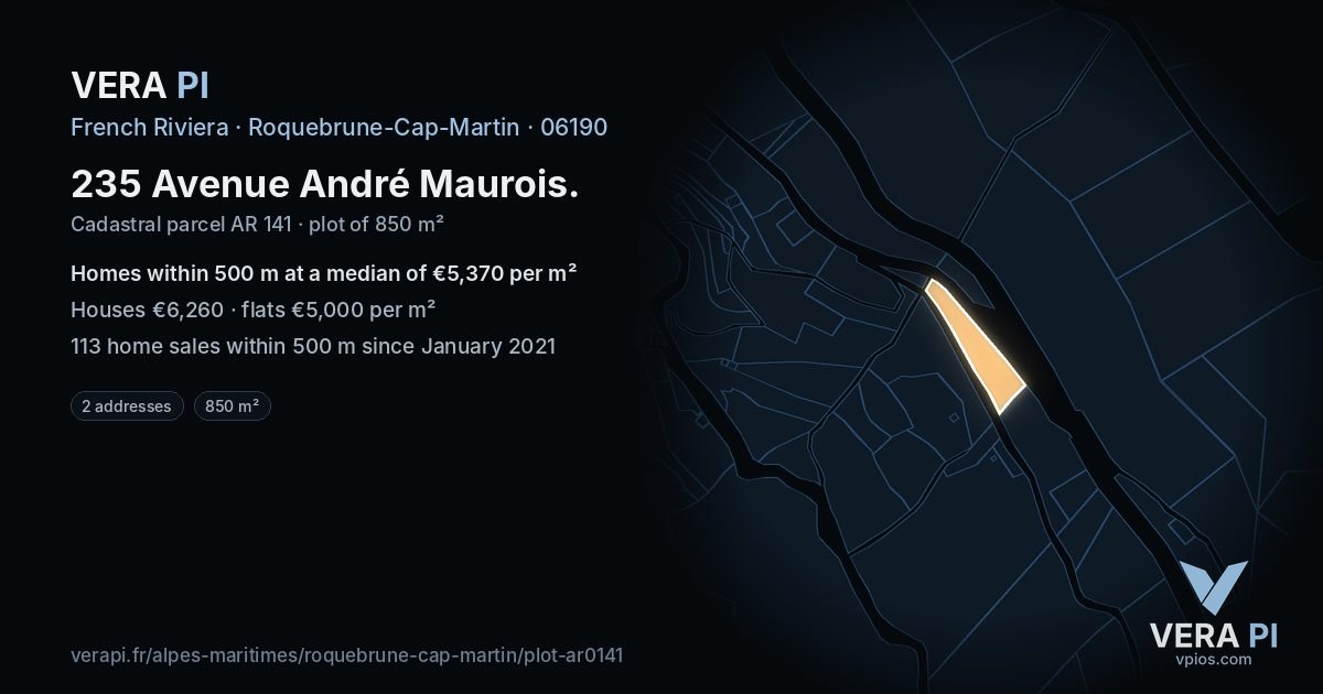 235 Avenue André Maurois, Roquebrune-Cap-Martin at night – the plot lit, the parcels around coloured by the prices near them