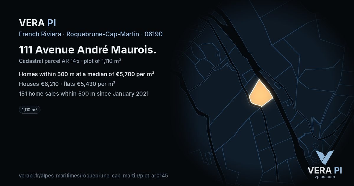 111 Avenue André Maurois, Roquebrune-Cap-Martin at night – the plot lit, the parcels around coloured by the prices near them