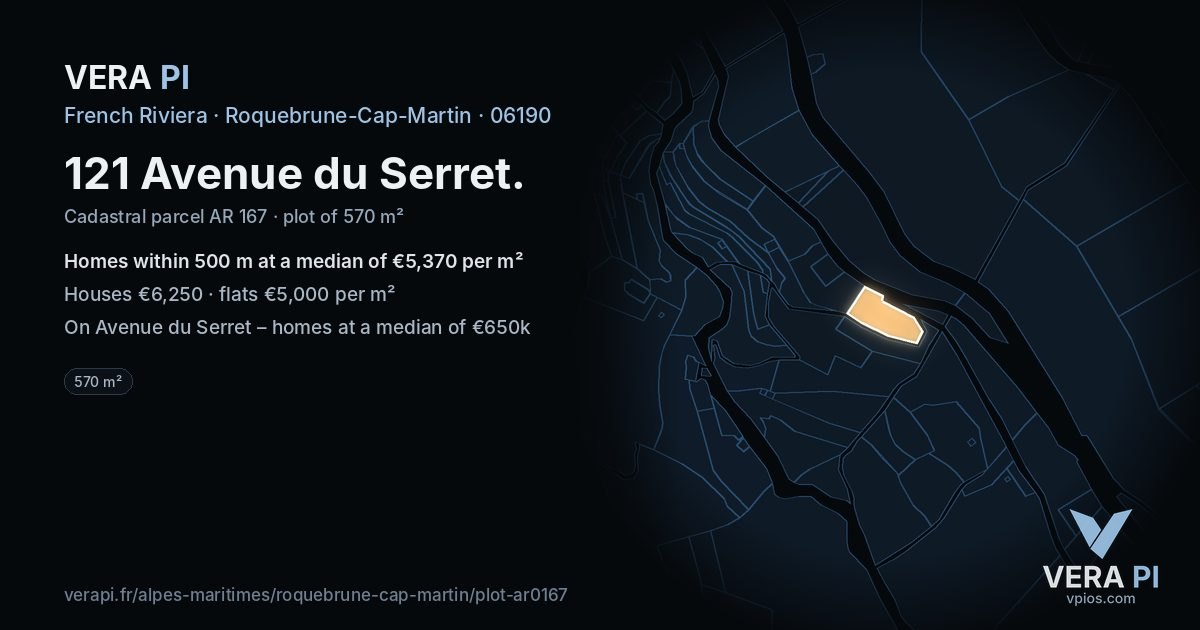 121 Avenue du Serret, Roquebrune-Cap-Martin at night – the plot lit, the parcels around coloured by the prices near them