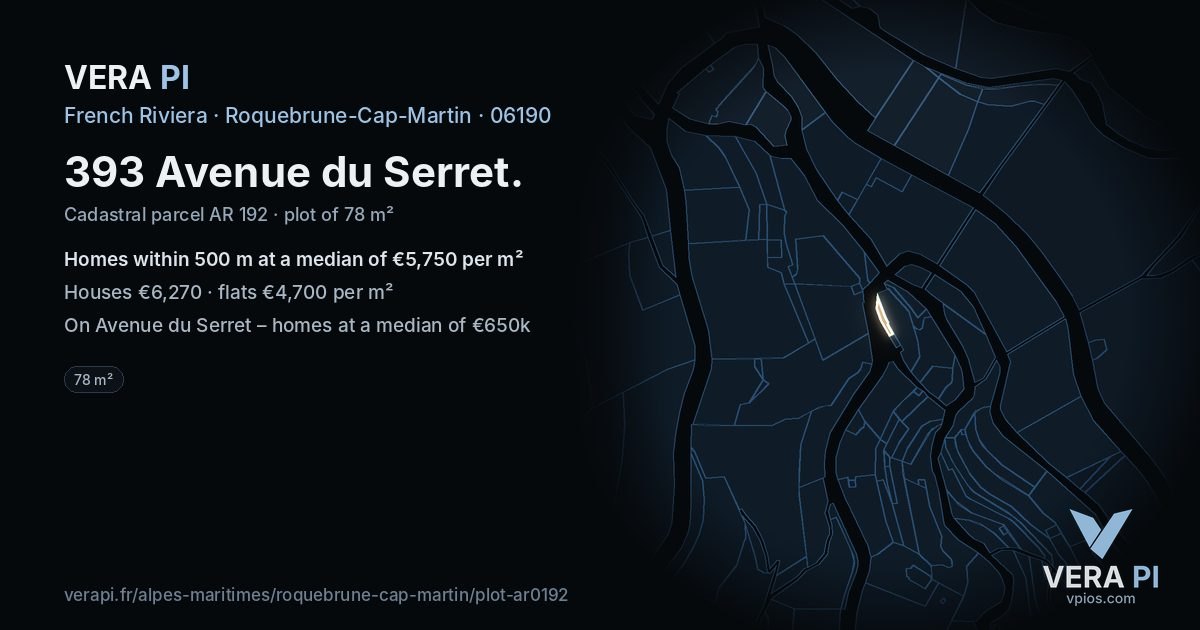 393 Avenue du Serret, Roquebrune-Cap-Martin at night – the plot lit, the parcels around coloured by the prices near them