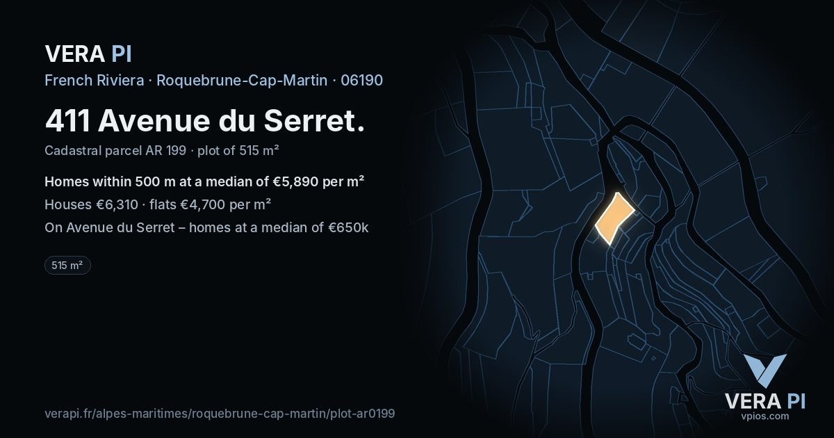 411 Avenue du Serret, Roquebrune-Cap-Martin at night – the plot lit, the parcels around coloured by the prices near them