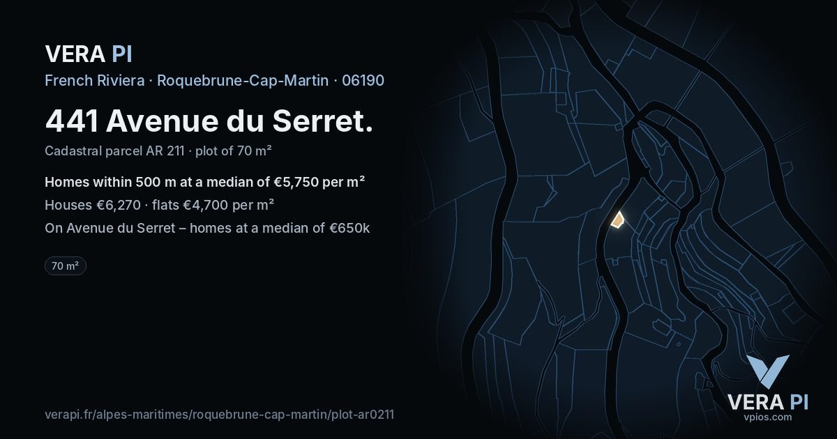 441 Avenue du Serret, Roquebrune-Cap-Martin at night – the plot lit, the parcels around coloured by the prices near them
