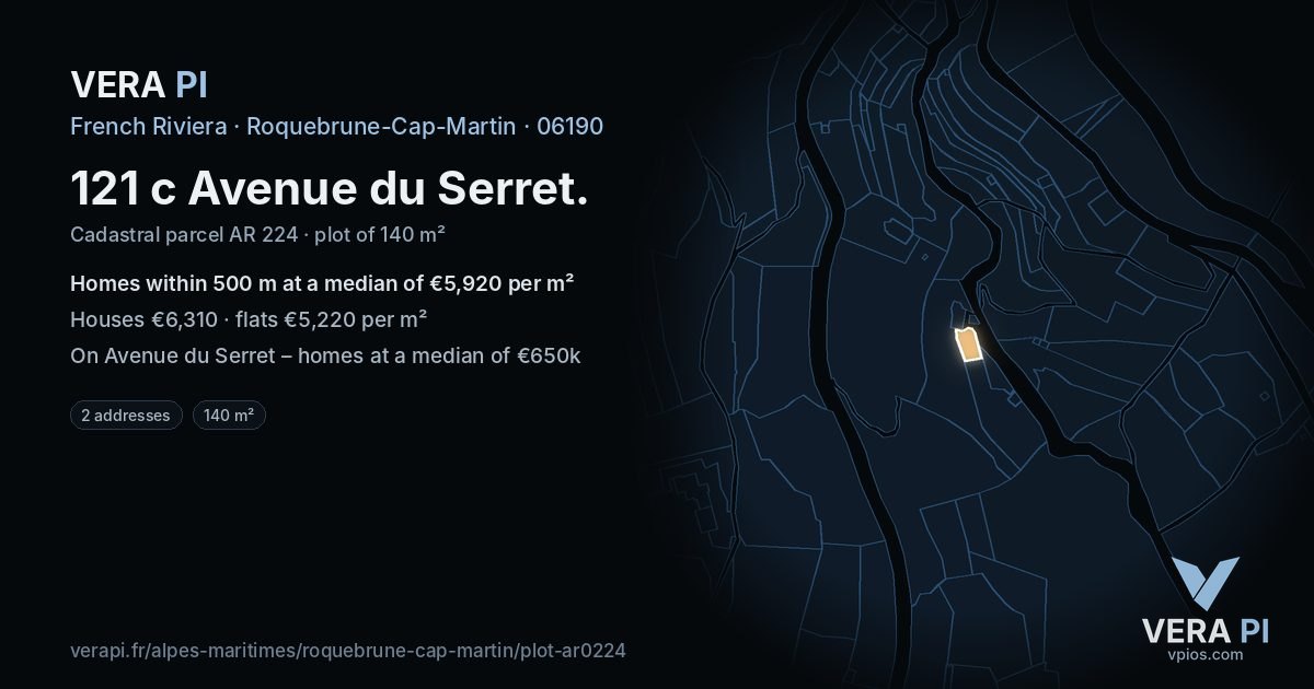 121 c Avenue du Serret, Roquebrune-Cap-Martin at night – the plot lit, the parcels around coloured by the prices near them