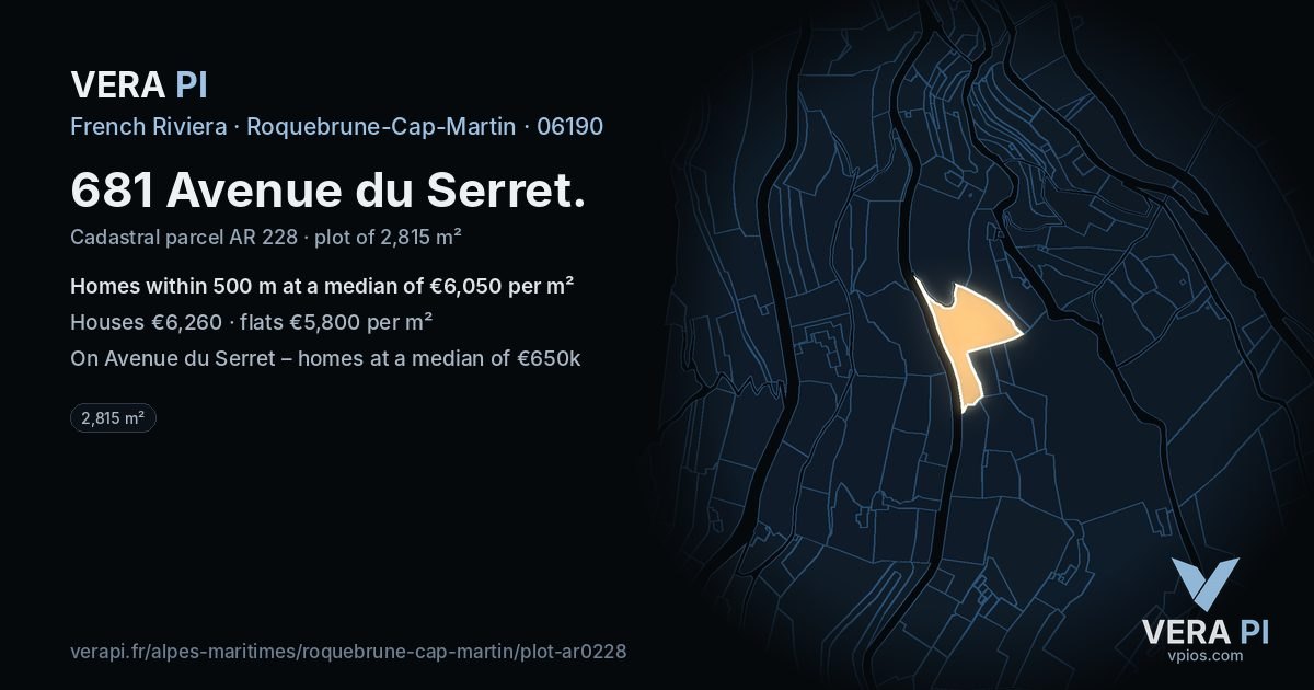 681 Avenue du Serret, Roquebrune-Cap-Martin at night – the plot lit, the parcels around coloured by the prices near them