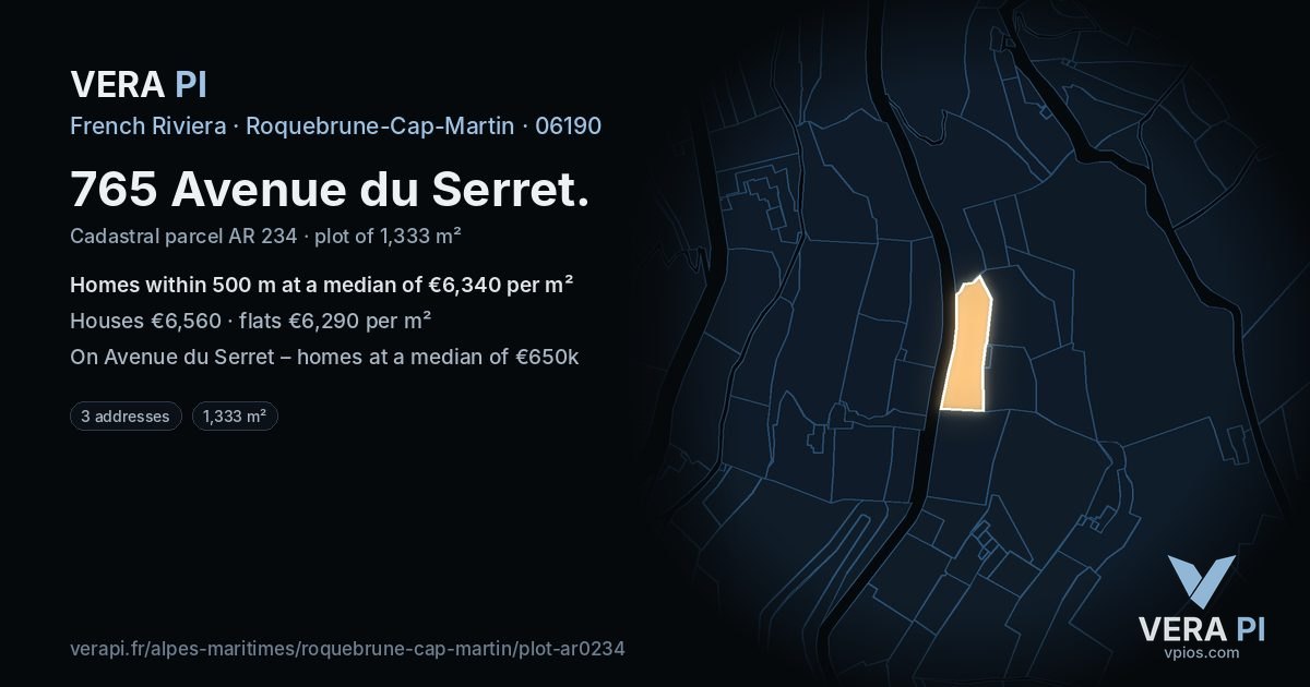 765 Avenue du Serret, Roquebrune-Cap-Martin at night – the plot lit, the parcels around coloured by the prices near them