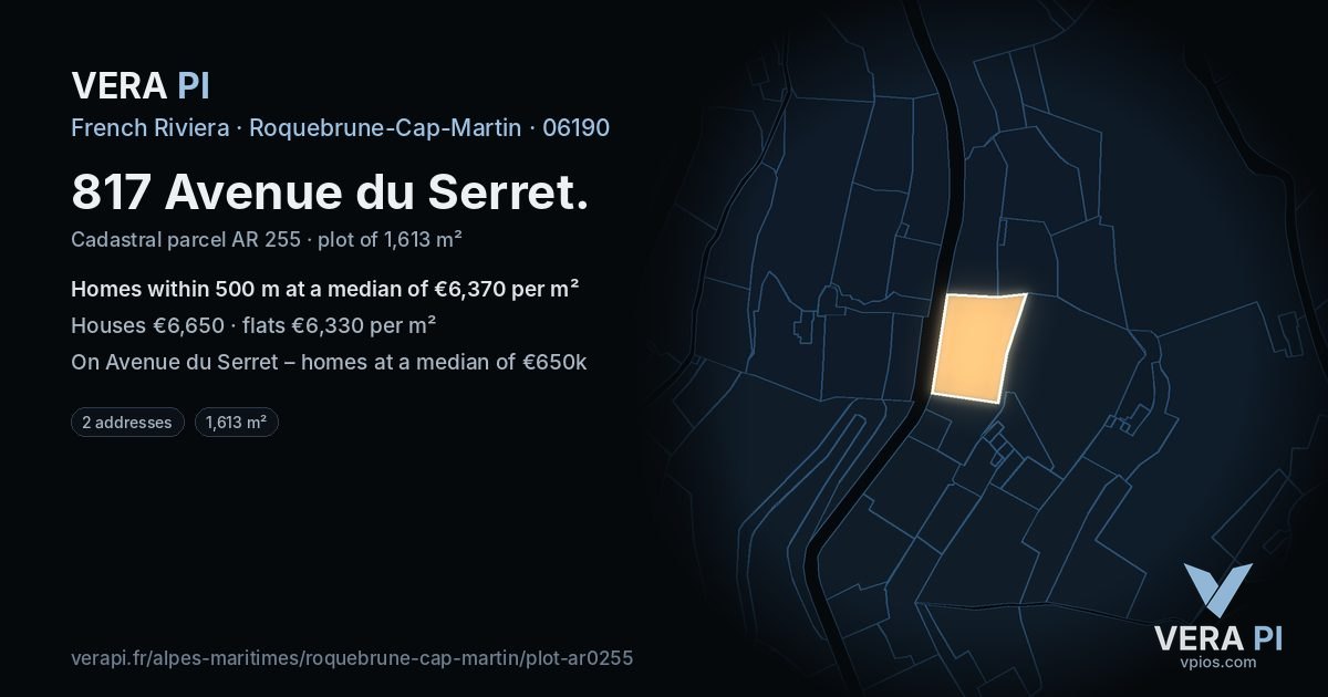 817 Avenue du Serret, Roquebrune-Cap-Martin at night – the plot lit, the parcels around coloured by the prices near them