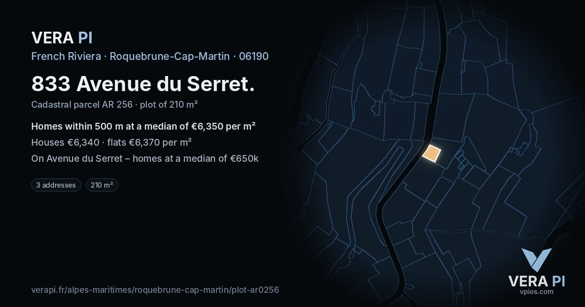 833 Avenue du Serret, Roquebrune-Cap-Martin at night – the plot lit, the parcels around coloured by the prices near them