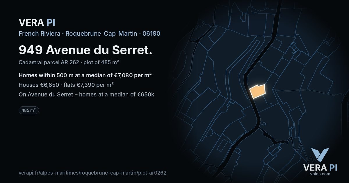 949 Avenue du Serret, Roquebrune-Cap-Martin at night – the plot lit, the parcels around coloured by the prices near them