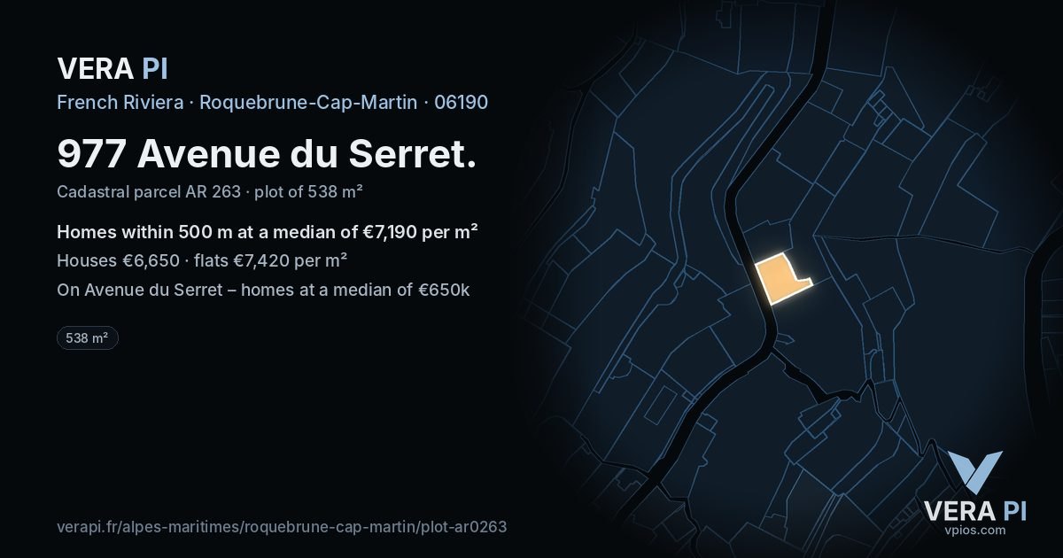 977 Avenue du Serret, Roquebrune-Cap-Martin at night – the plot lit, the parcels around coloured by the prices near them