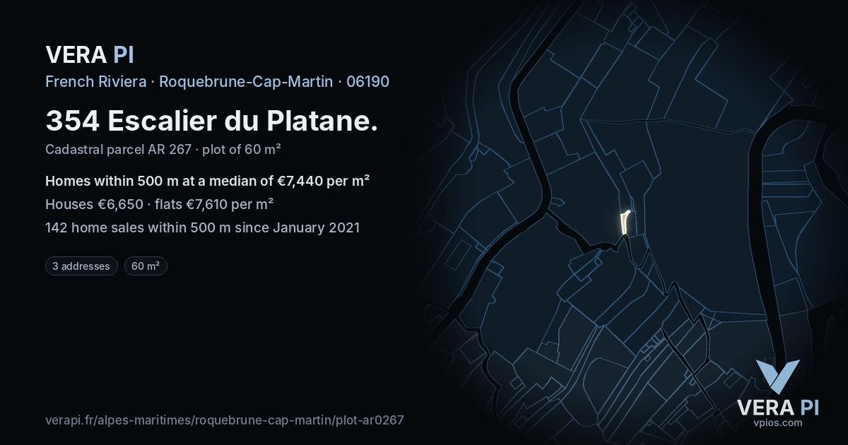 354 Escalier du Platane, Roquebrune-Cap-Martin at night – the plot lit, the parcels around coloured by the prices near them