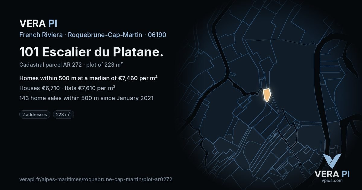 101 Escalier du Platane, Roquebrune-Cap-Martin at night – the plot lit, the parcels around coloured by the prices near them