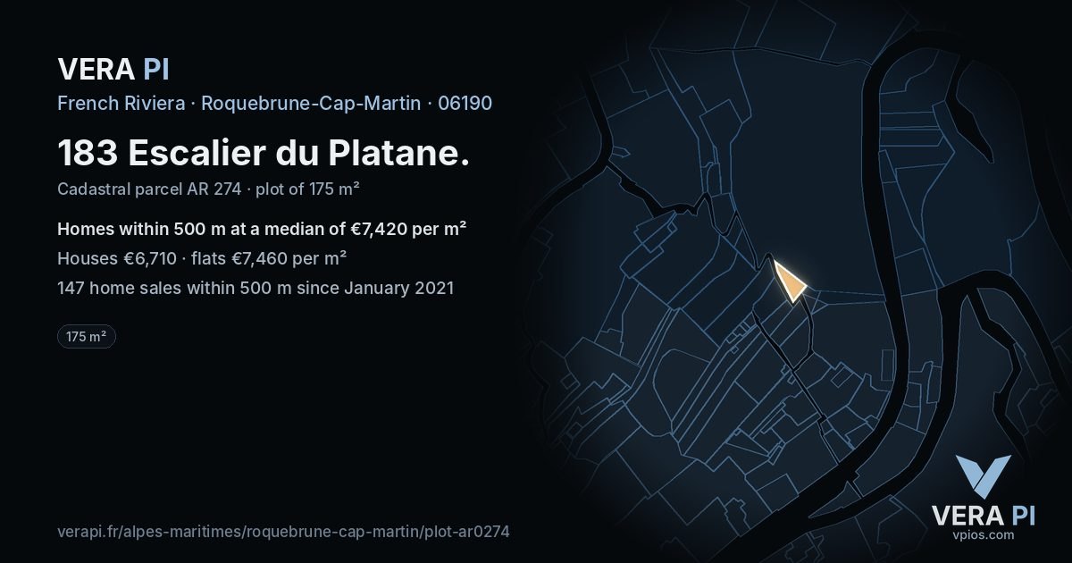 183 Escalier du Platane, Roquebrune-Cap-Martin at night – the plot lit, the parcels around coloured by the prices near them