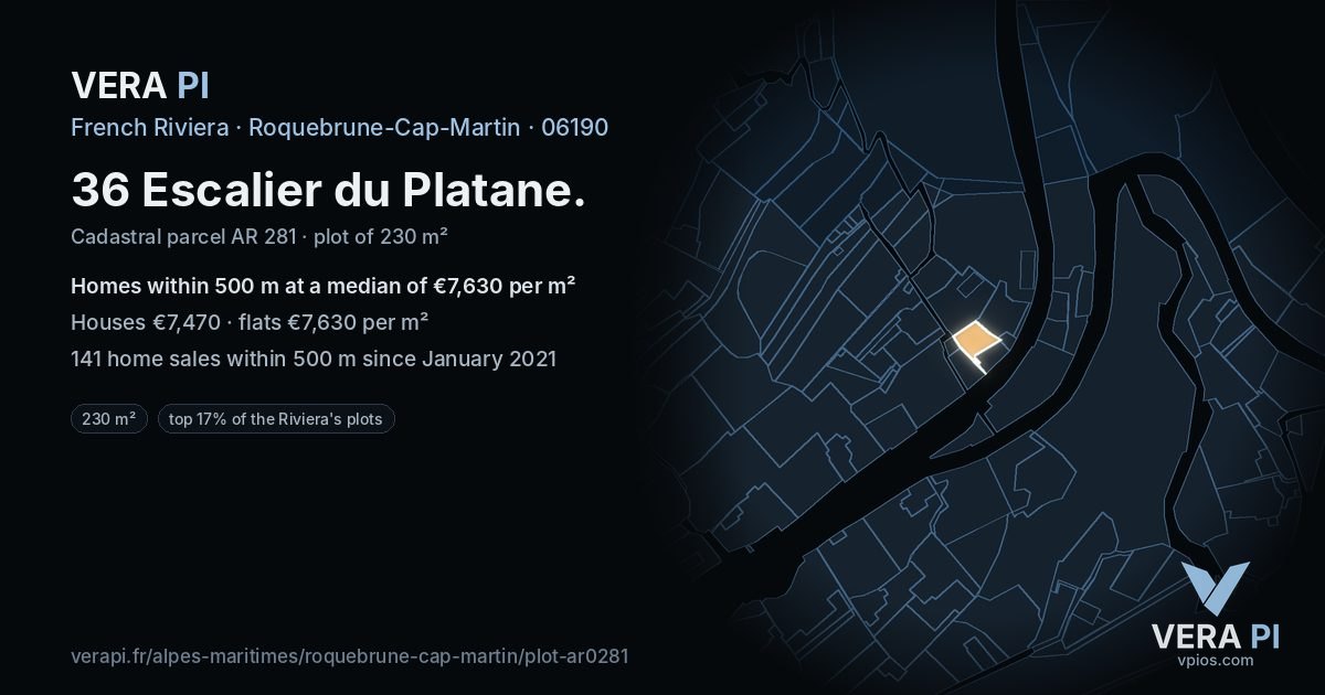36 Escalier du Platane, Roquebrune-Cap-Martin at night – the plot lit, the parcels around coloured by the prices near them