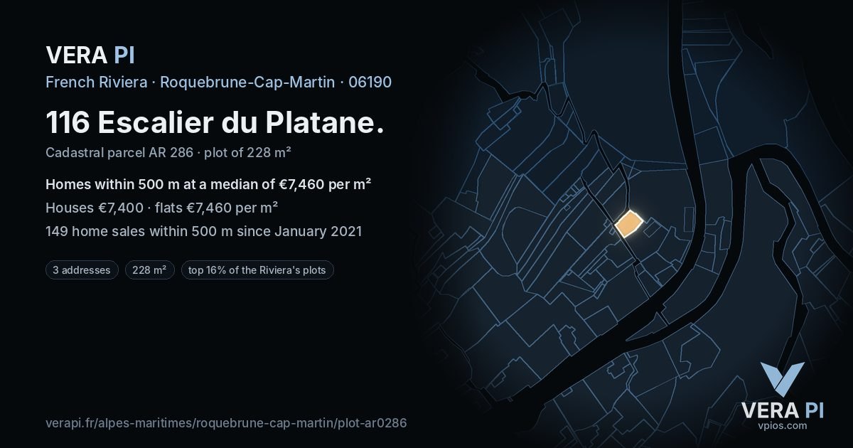116 Escalier du Platane, Roquebrune-Cap-Martin at night – the plot lit, the parcels around coloured by the prices near them