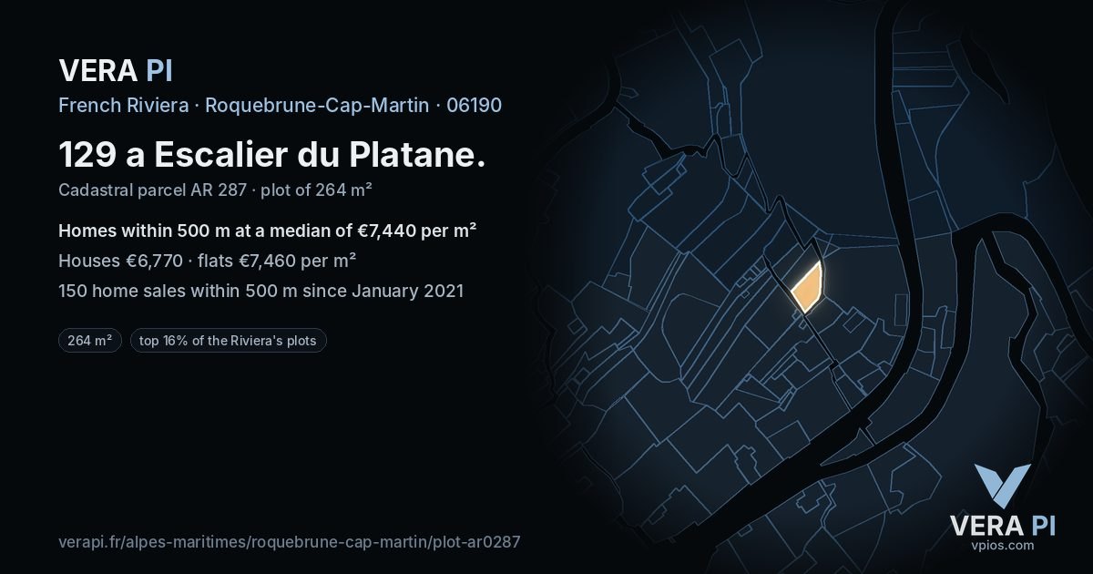 129 a Escalier du Platane, Roquebrune-Cap-Martin at night – the plot lit, the parcels around coloured by the prices near them