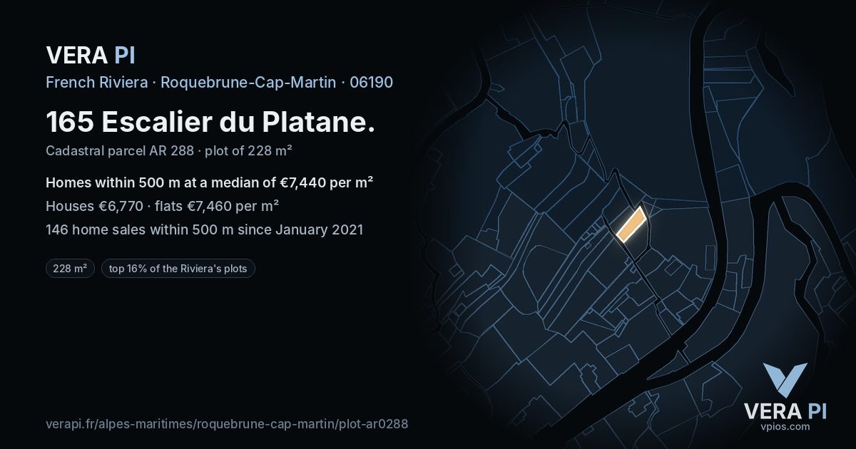 165 Escalier du Platane, Roquebrune-Cap-Martin at night – the plot lit, the parcels around coloured by the prices near them