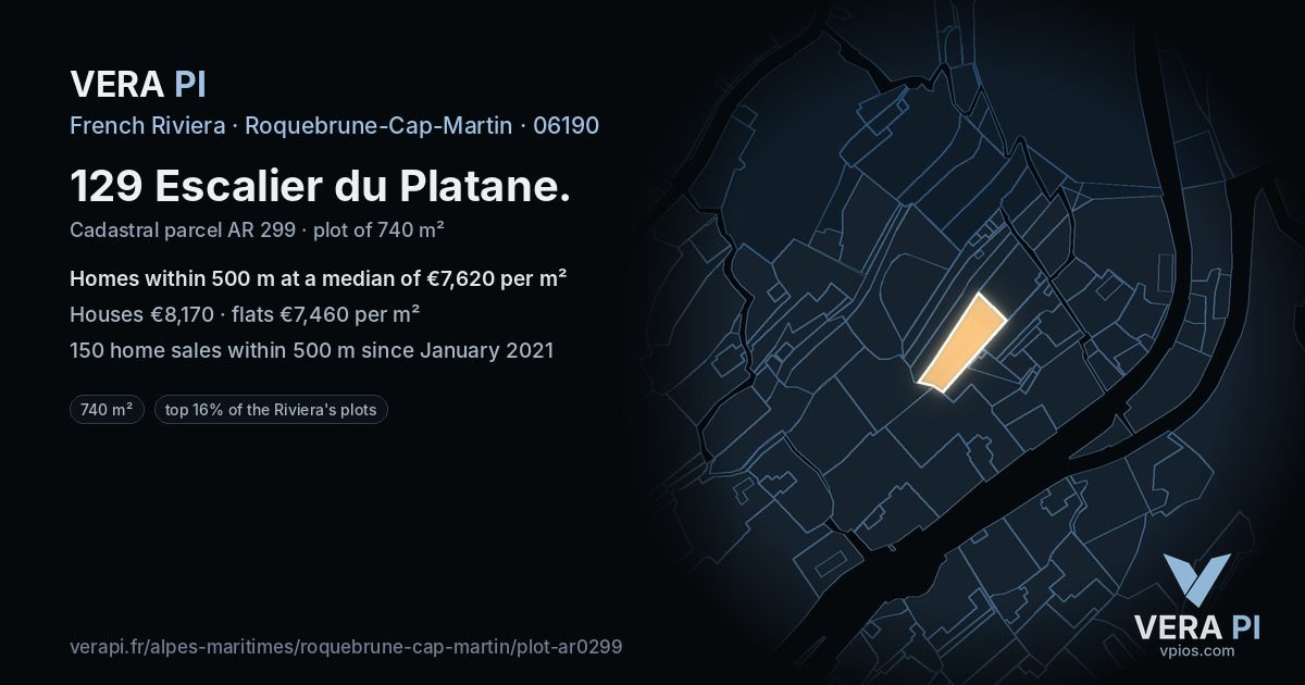 129 Escalier du Platane, Roquebrune-Cap-Martin at night – the plot lit, the parcels around coloured by the prices near them