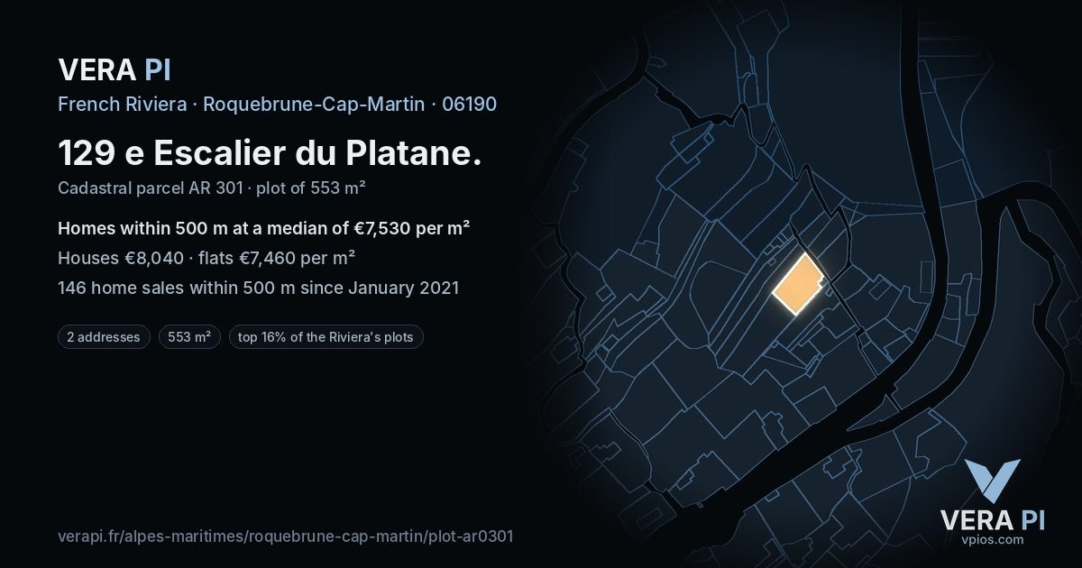 129 e Escalier du Platane, Roquebrune-Cap-Martin at night – the plot lit, the parcels around coloured by the prices near them