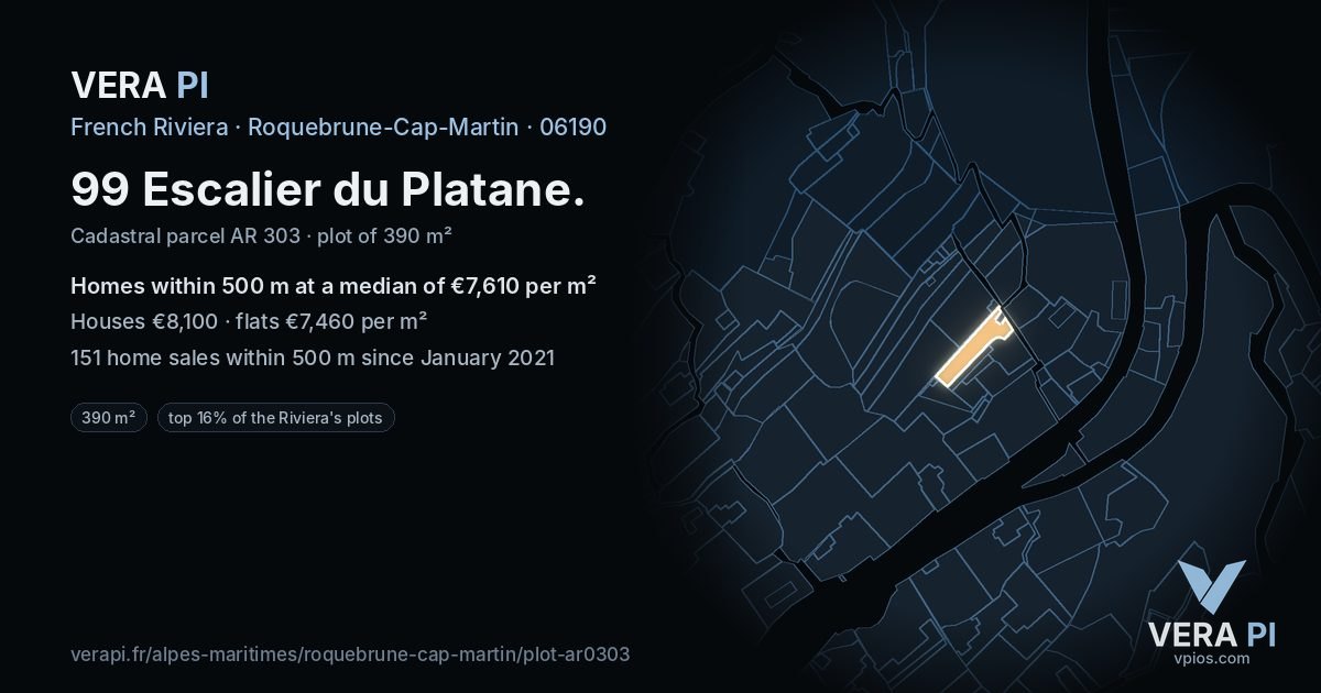 99 Escalier du Platane, Roquebrune-Cap-Martin at night – the plot lit, the parcels around coloured by the prices near them