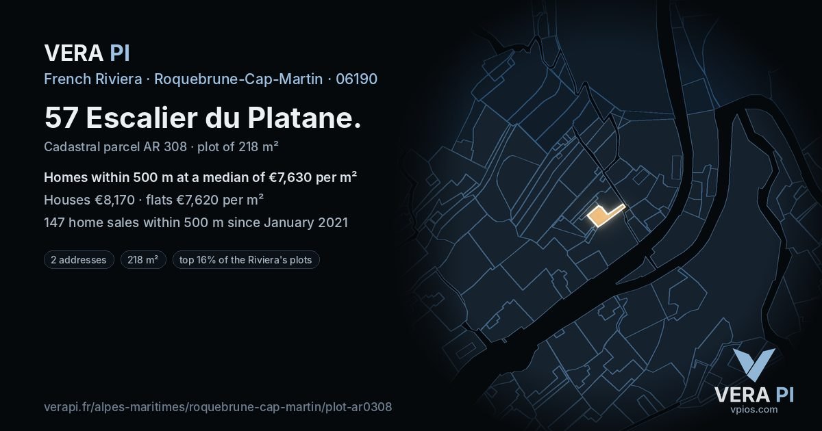 57 Escalier du Platane, Roquebrune-Cap-Martin at night – the plot lit, the parcels around coloured by the prices near them